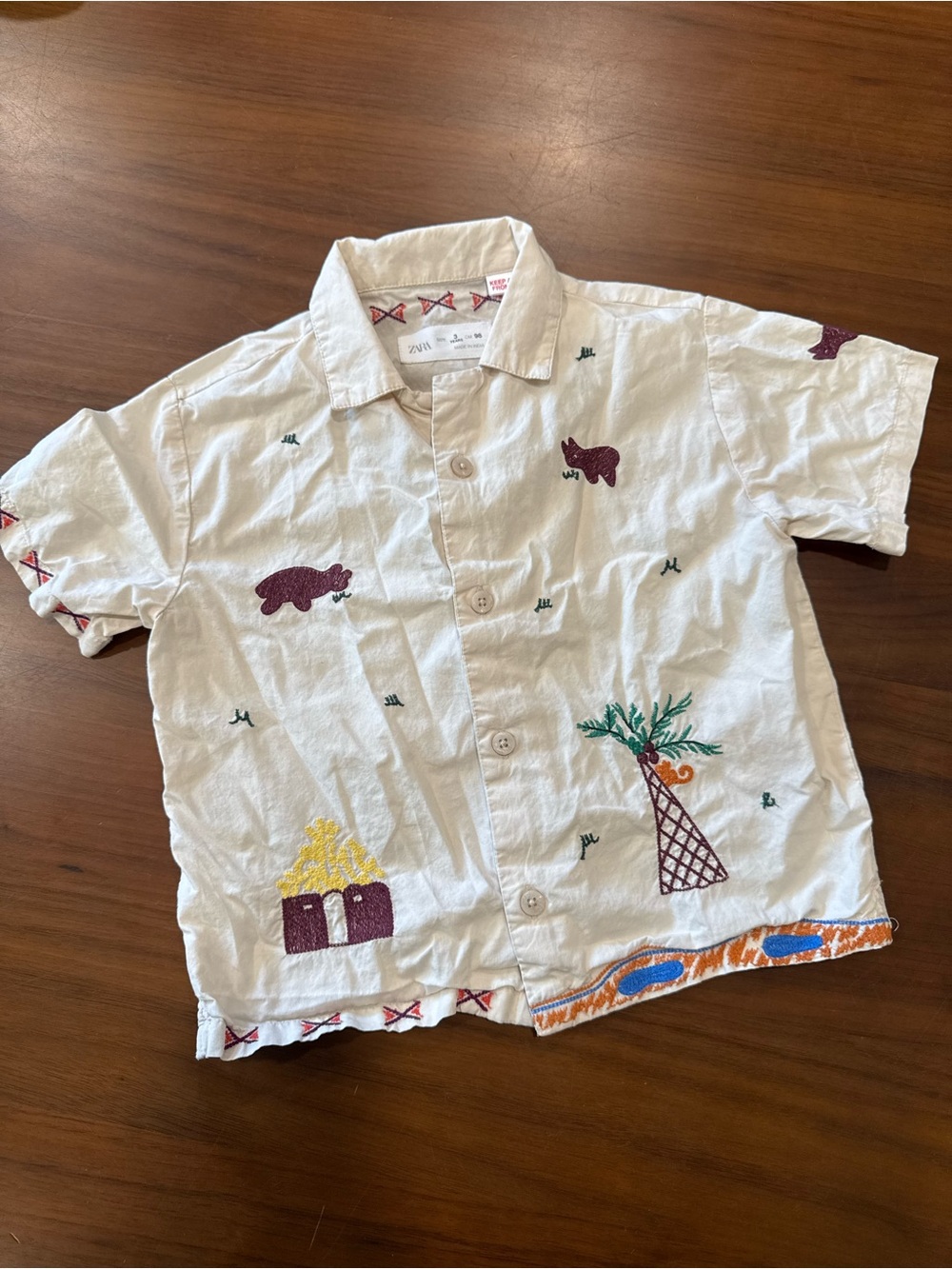 Zara White Button-Down Shirt with Colorful Embroidered Motifs